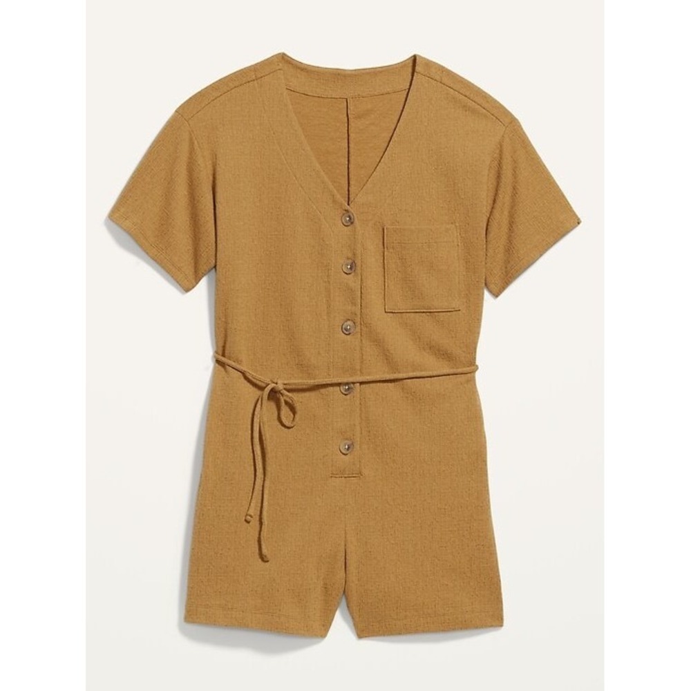 (B6) Old Navy Womens Mustard Yellow Button Front Short Sleeve Tie Waist Romper L